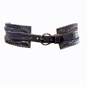 Linea Pelle Belt W Size M  Wide Woven Leather Statement Metallic Charcoal Gray